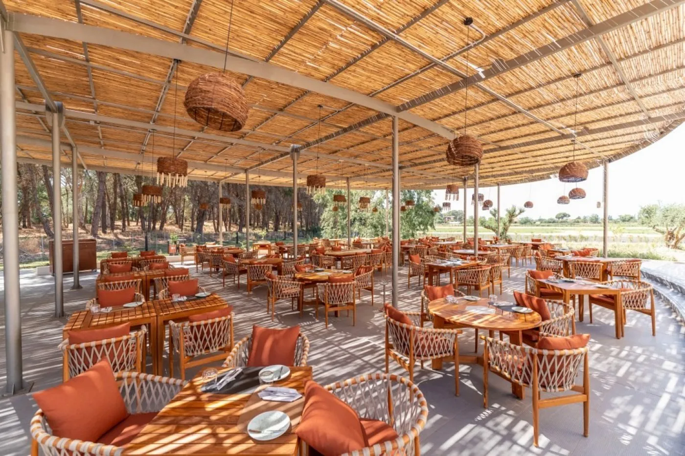 The restaurant terrace under its reed roof, among the pines